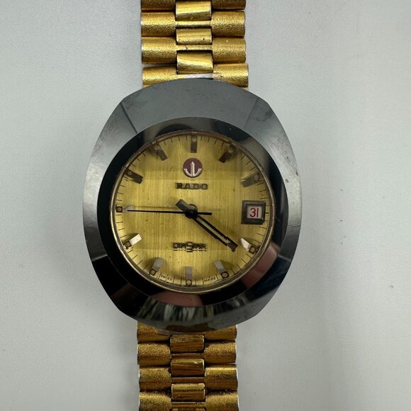 VTG. Rado Diastar Watch Men Gold Silver Faceted Crystal Date Window Automatic